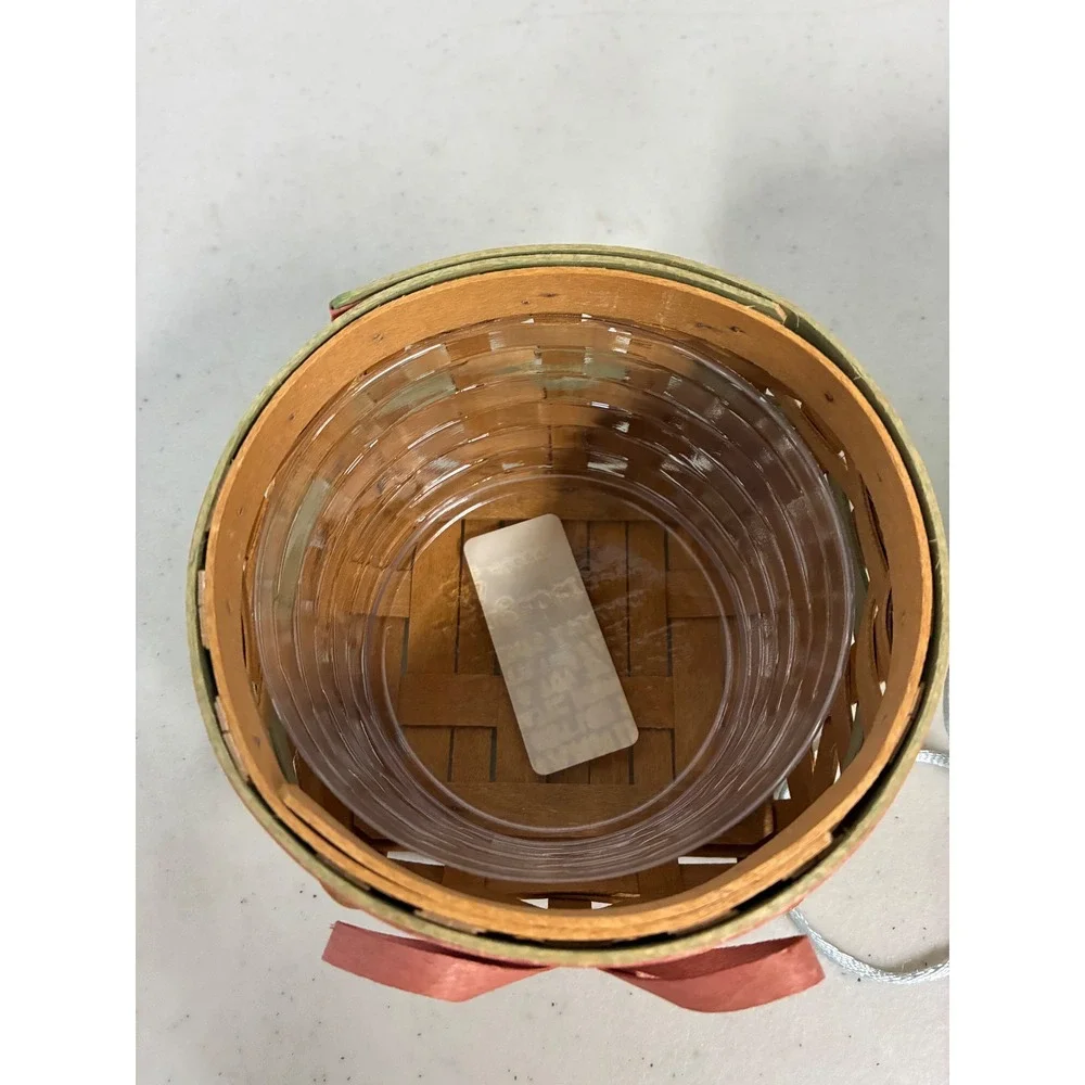 Longaberger Small Round Woven Basket Wood‎ Lid Pink Enamel Flower Knob & Liner